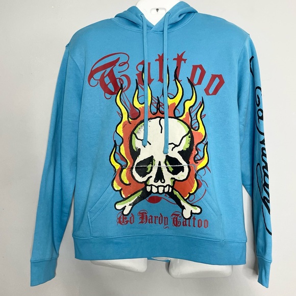 ED HARDY Tattoo Pullover Hooded Sweatshirt Hoodie Skull Flames NWT